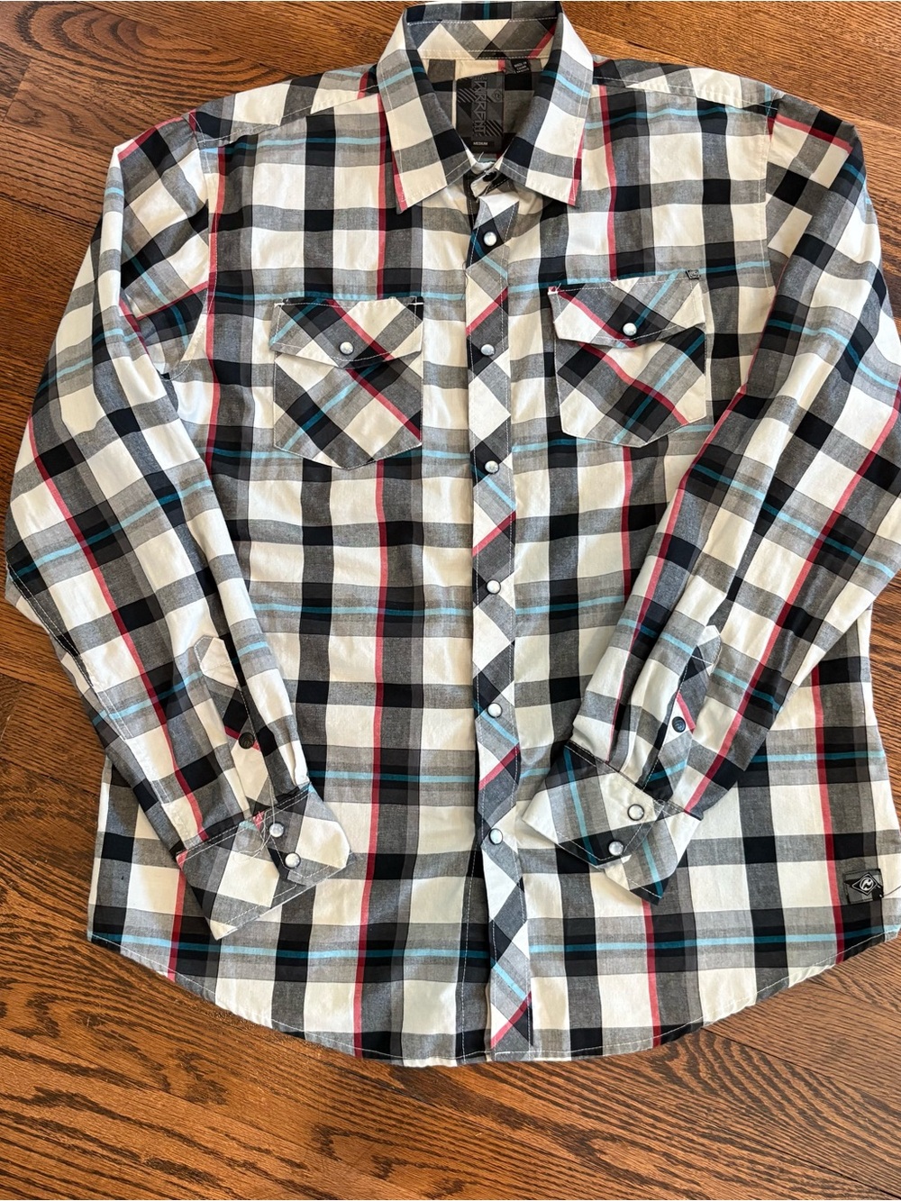 Men's Black & White Plaid Western Snap Button Long Sleeve Shirt with Red Accents